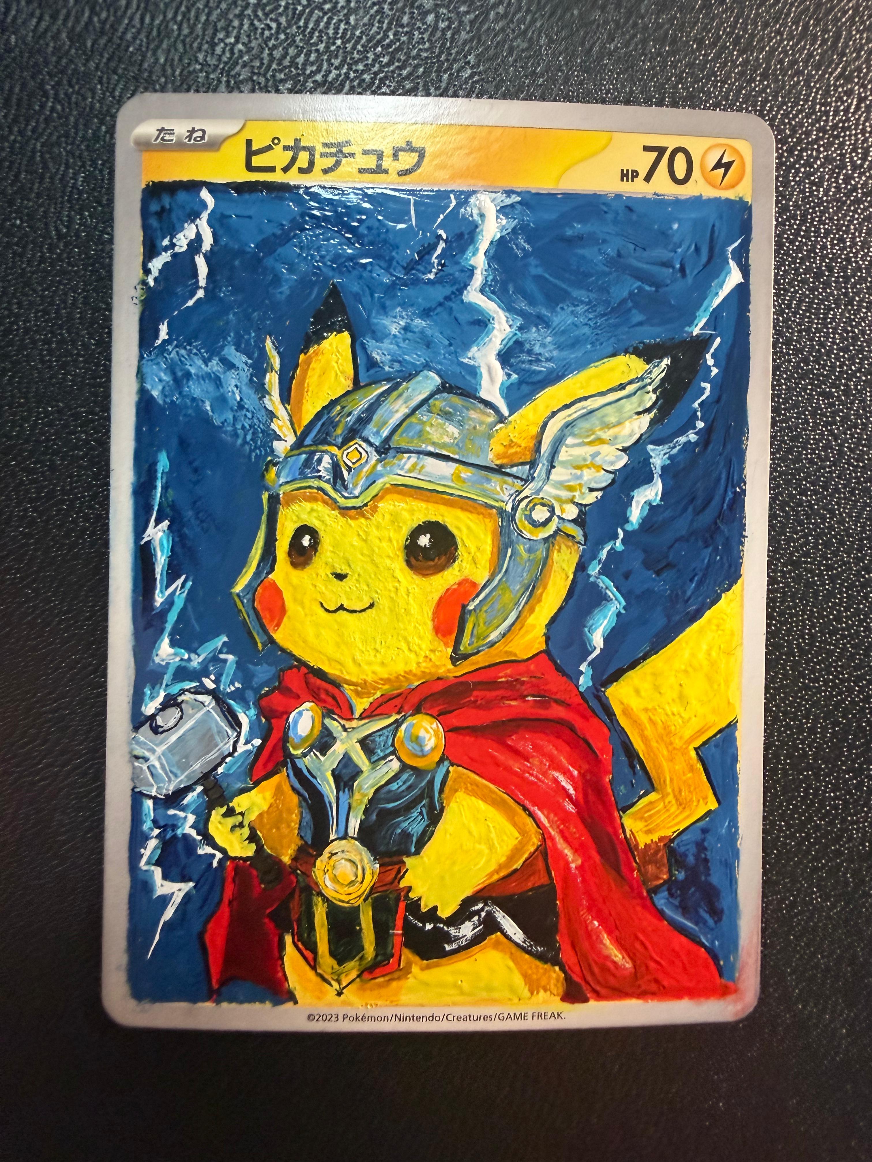 Stage five: the finished Thor-inspired Pikachu card in saturated blue, red and yellow.